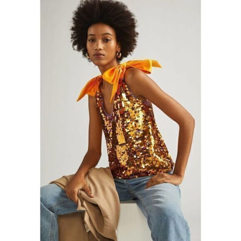 ANTHROPOLOGIE Maeve Gold Sequined Tie-Strap Tank XSMALL